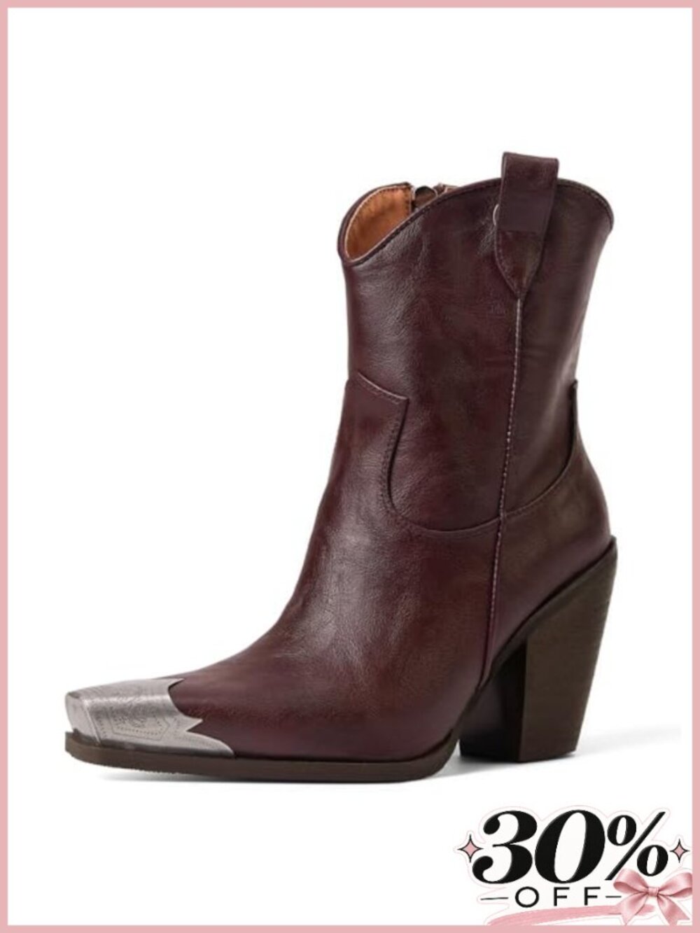 Engraved Steel Toe Cowboy Ankle Boots Faux Leather Block Heel